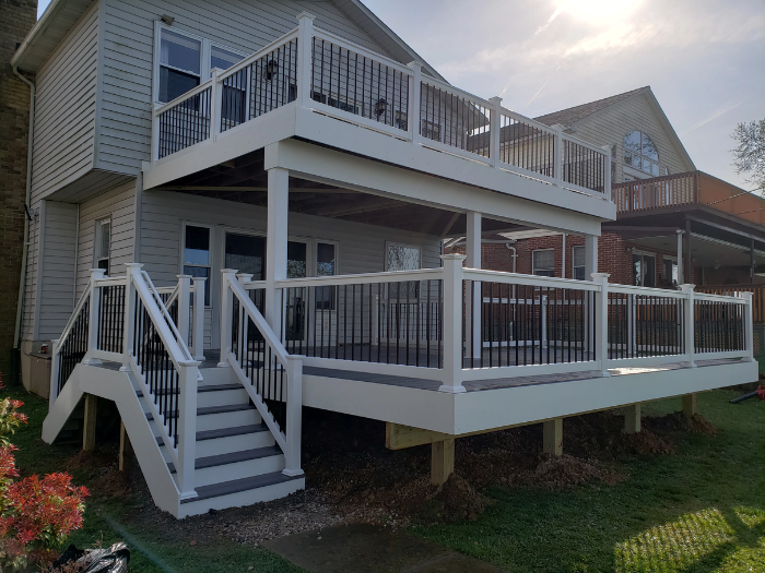 black picket railing two story deck