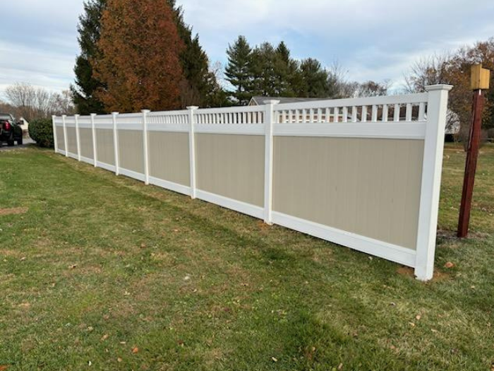 Tan Imperial fence with white square picket top